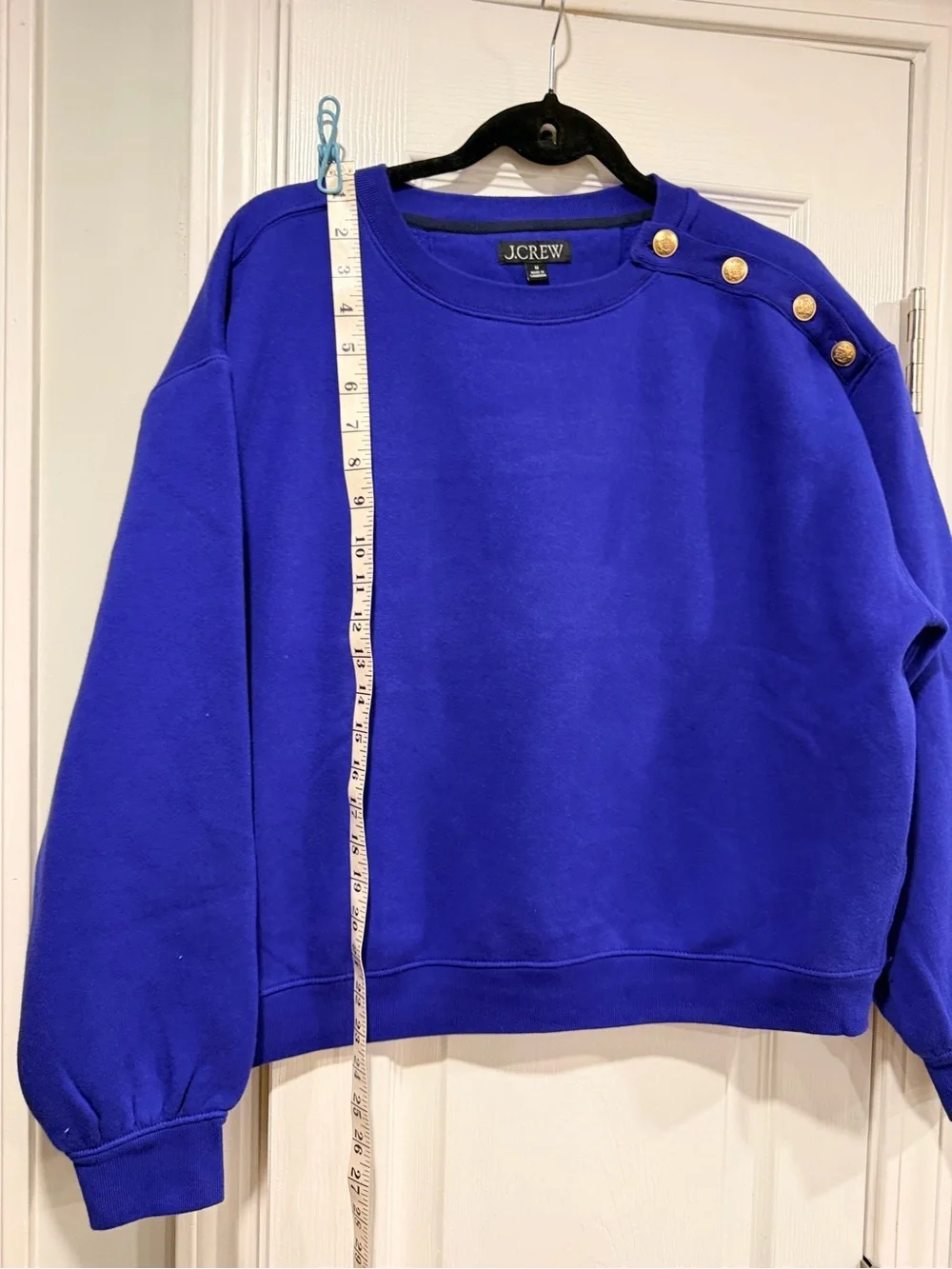 NWOT J.Crew Size M Royal Blue Button Shoulder Sweatshirt Crewneck Pullover Top